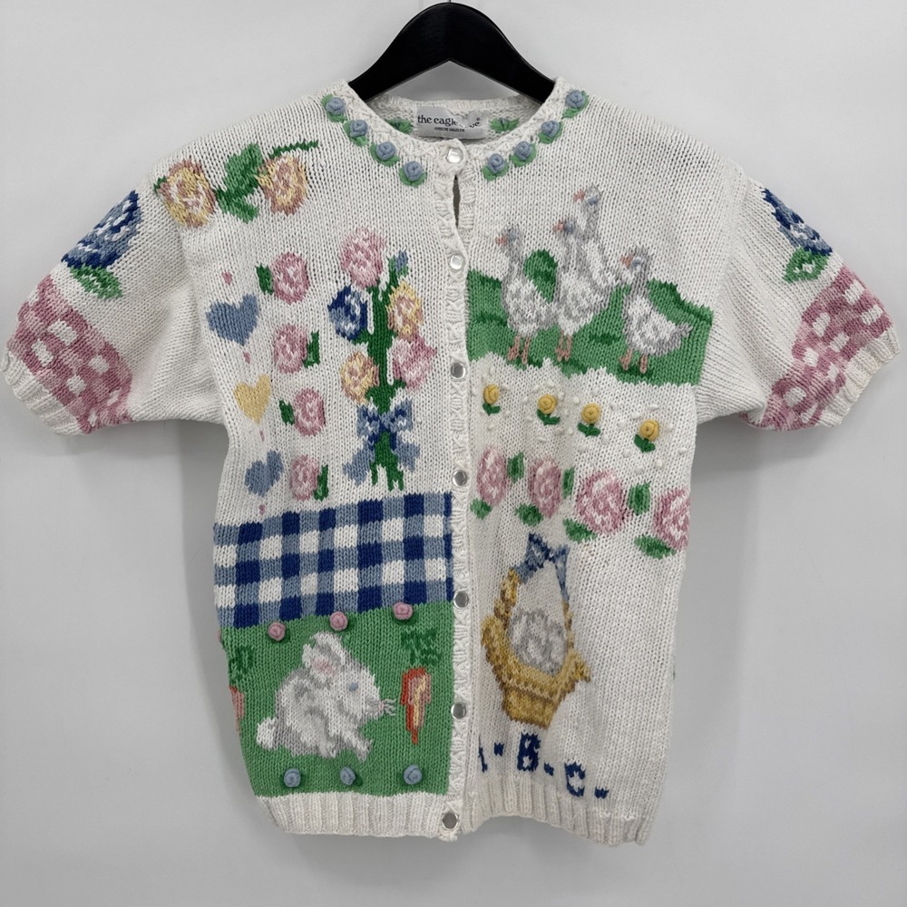 Vintage The Eagle's Eye‎ Spring Easter Short Sleeve Cardigan 90s Women Large Fun